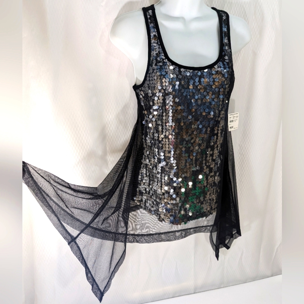 Frederick's of Hollywood Mesh/Sequined Tank, Black & Silver, Small, NWT